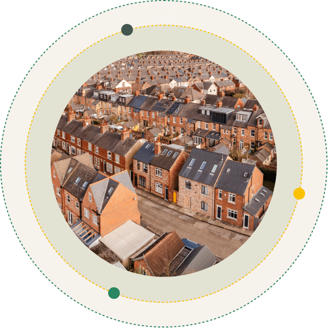 Aerial view of residential terraced houses in UK.